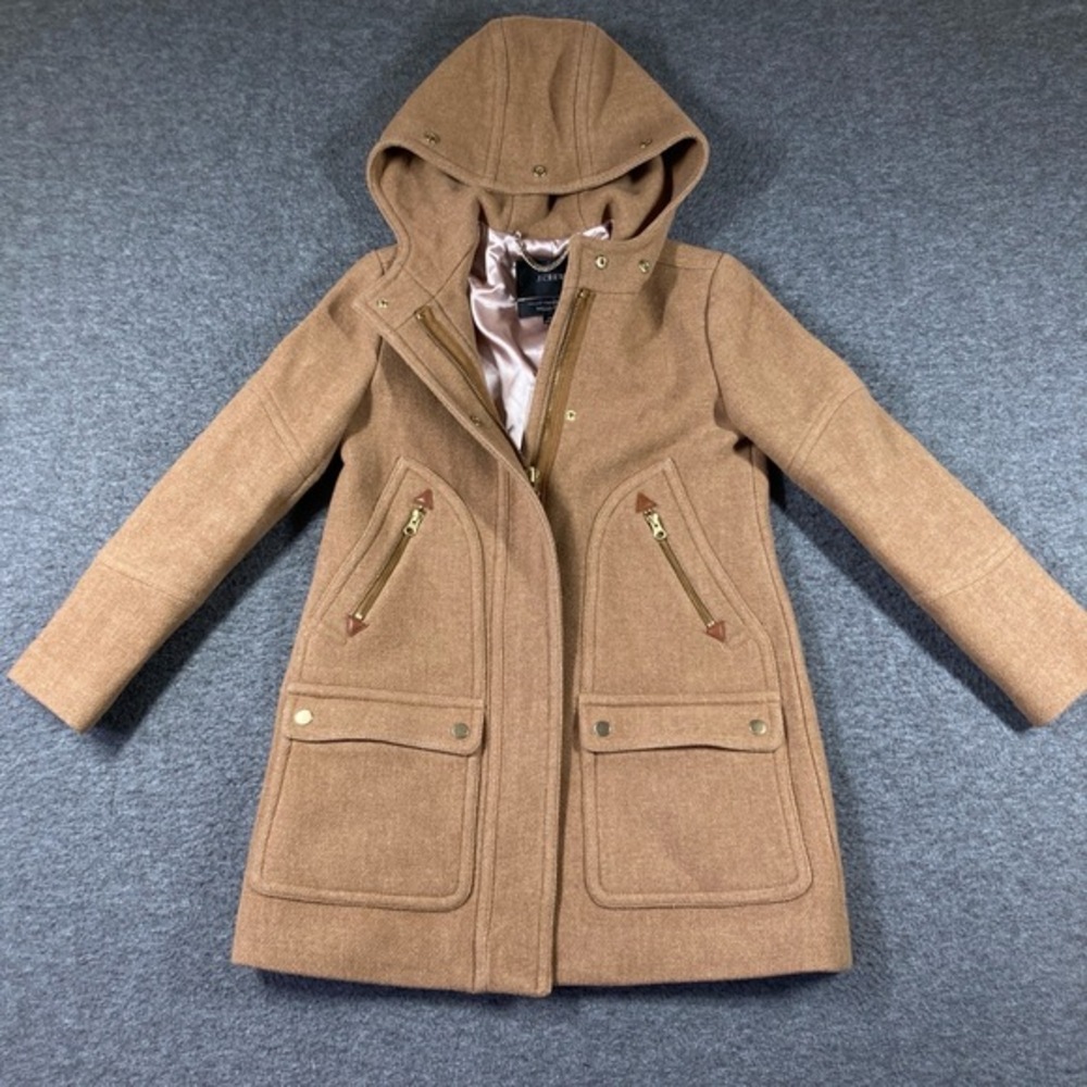 J.Crew Stadium Cloth Coat Womens 0 Petite Camel Duffle Coat Hooded Nello Gori‎